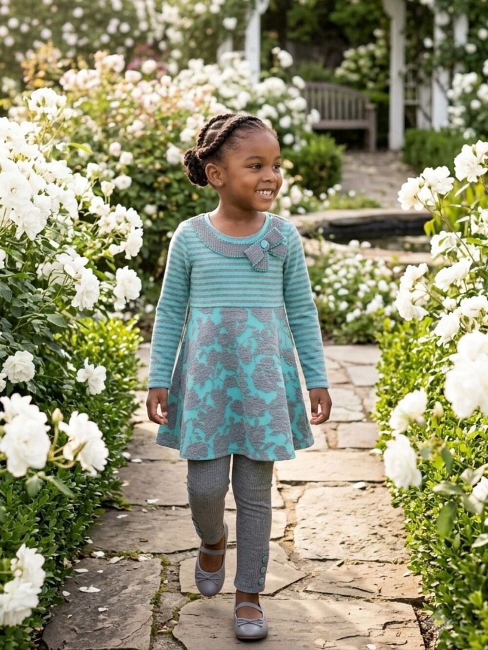 Bonnie Jean Teal and Gray Floral Knit Tunic & Leggings Set, S-4, NWT